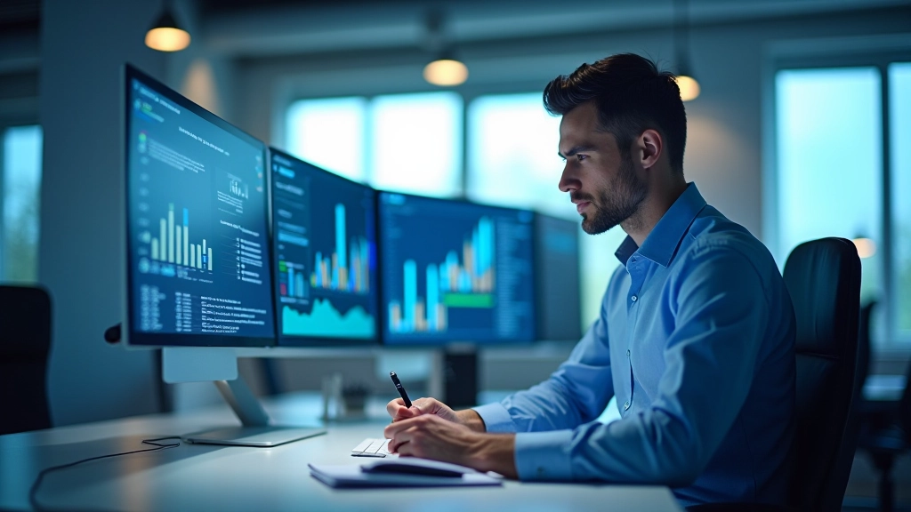 Data scientist examining model performance metrics on dashboard with regulatory compliance checklist