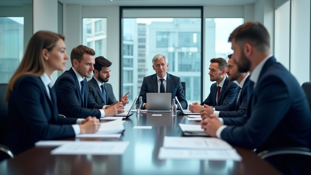 Bank governance committee meeting with executives reviewing AI model documentation and approval workflows
