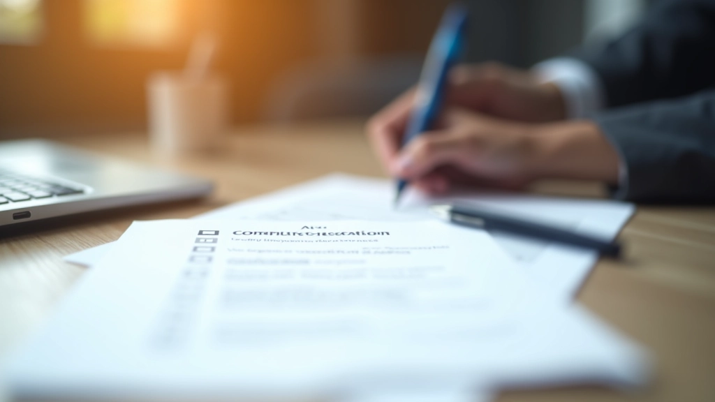 Compliance checklist document with governance policy review items marked complete in modern office setting