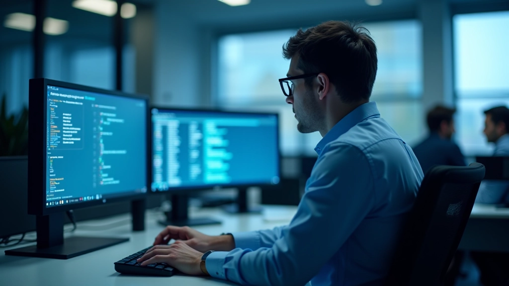 Person at computer terminal reviewing system logs and audit trail documentation