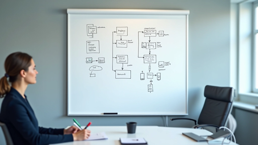 Technical diagram on whiteboard showing data flow and decision points in AI system