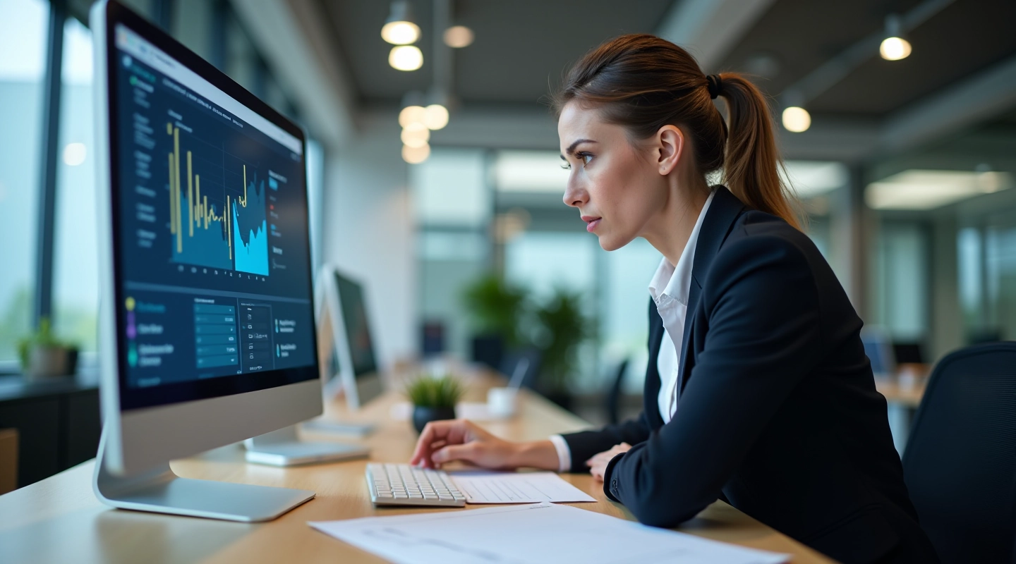 Bank compliance officer reviewing audit report with AI documentation on computer screen